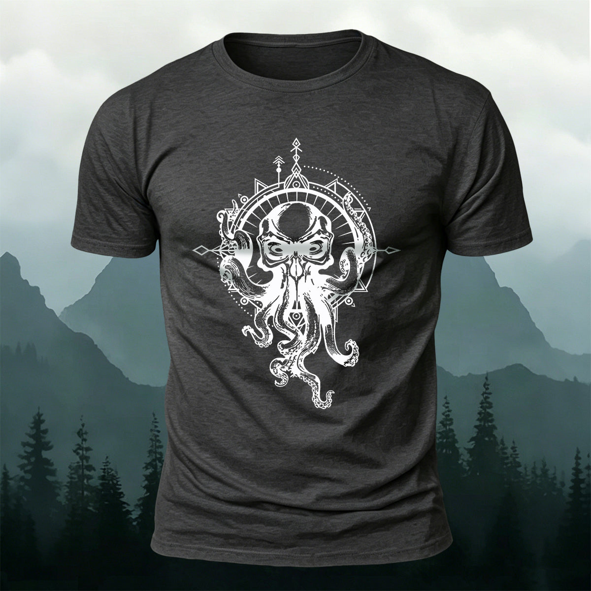 プレミアムコットン オクトパス コンパス アート カジュアルTシャツ