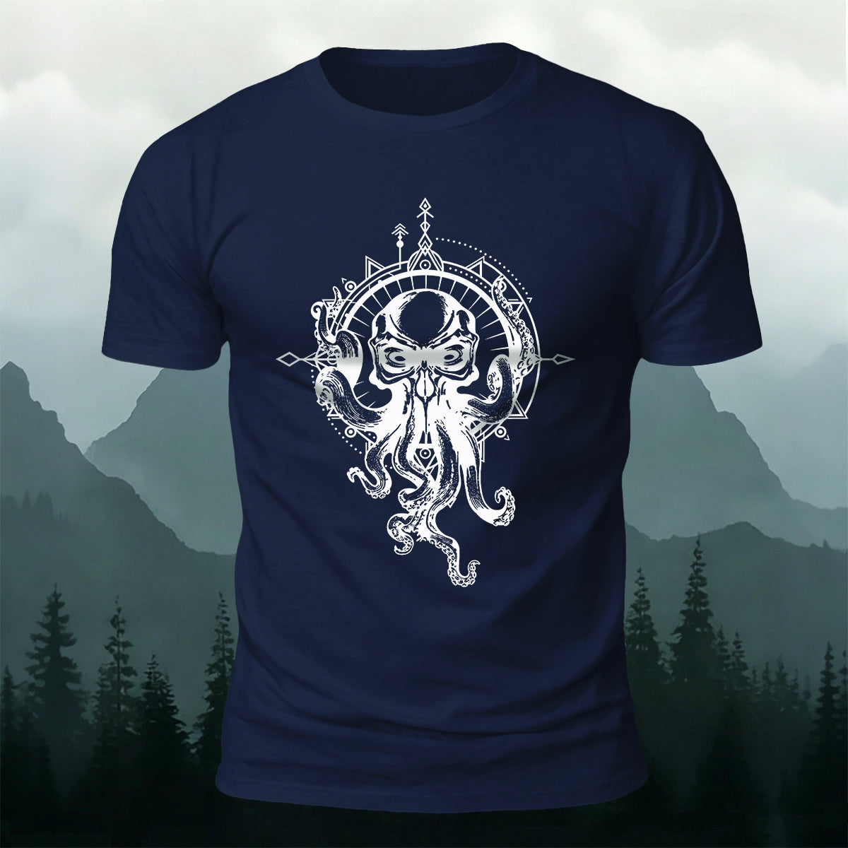 プレミアムコットン オクトパス コンパス アート カジュアルTシャツ