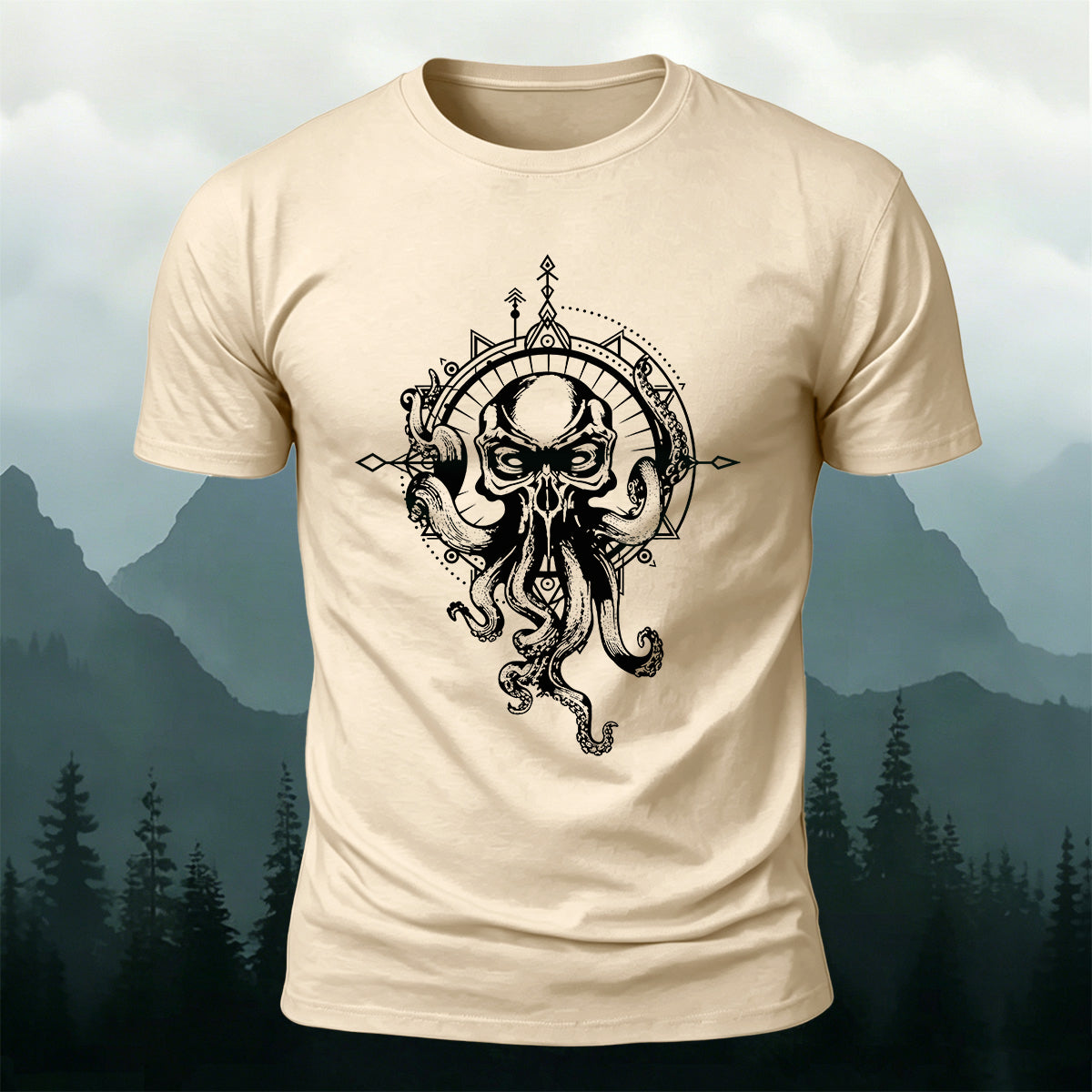 プレミアムコットン オクトパス コンパス アート カジュアルTシャツ