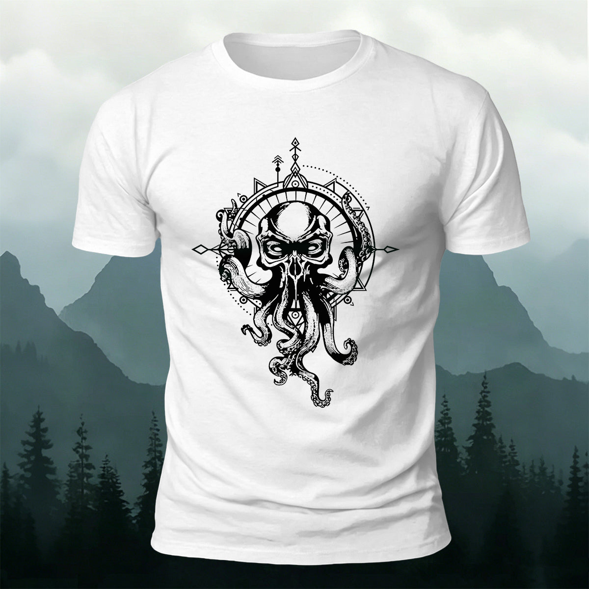 プレミアムコットン オクトパス コンパス アート カジュアルTシャツ