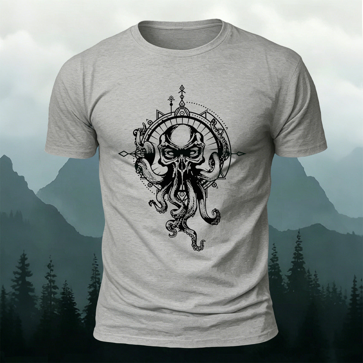 プレミアムコットン オクトパス コンパス アート カジュアルTシャツ