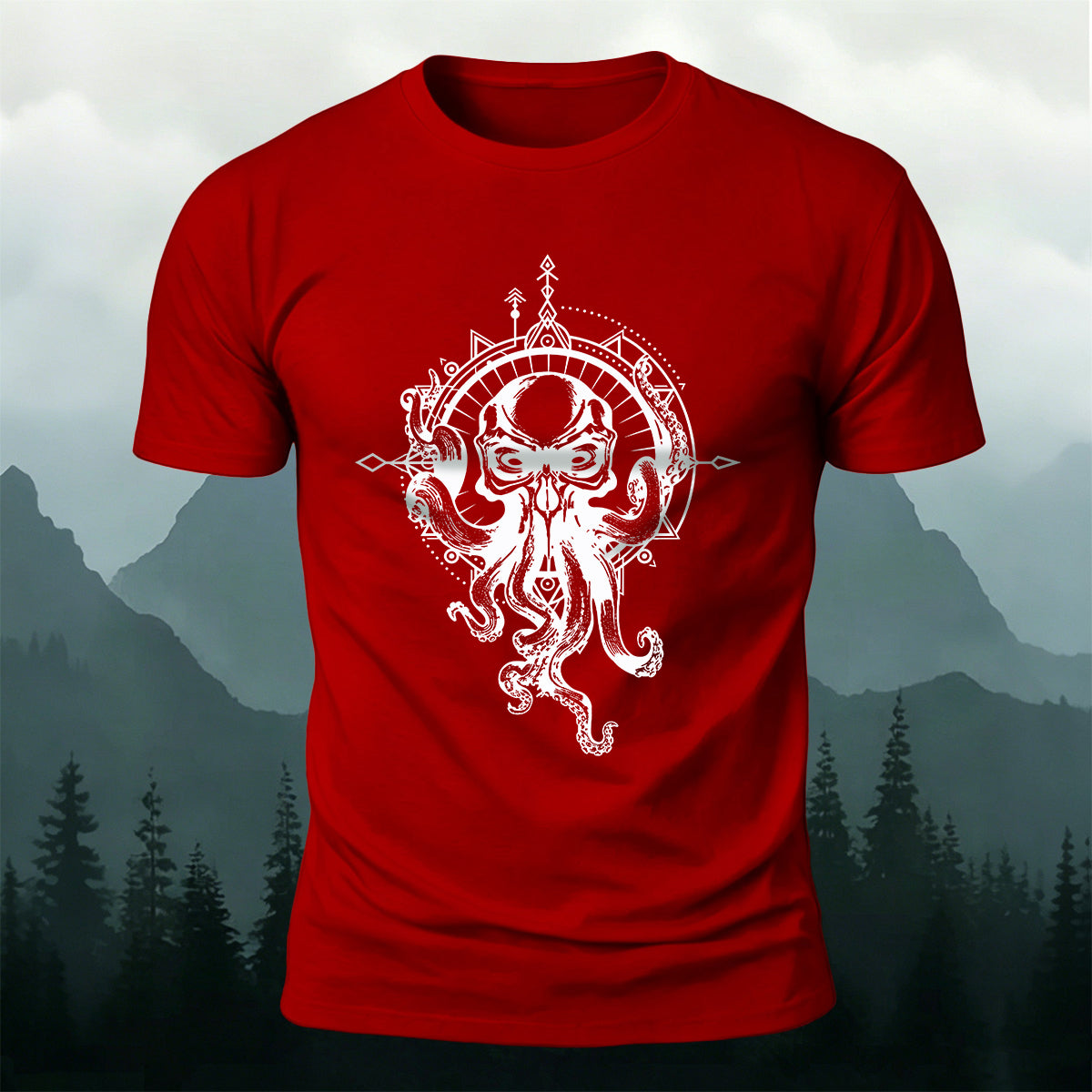 プレミアムコットン オクトパス コンパス アート カジュアルTシャツ