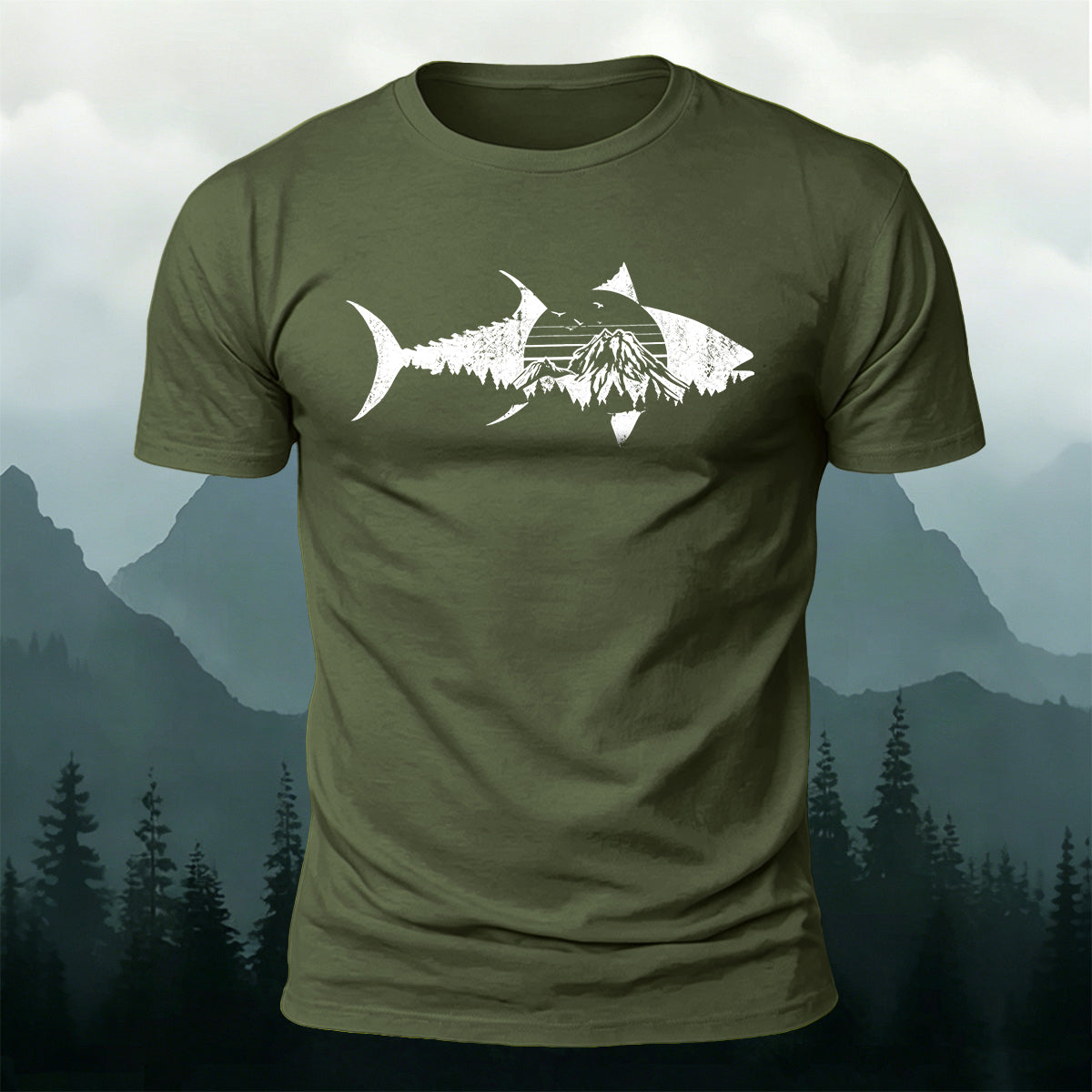 Outdoor Shark Mountain Scene Premium Cotton Tee