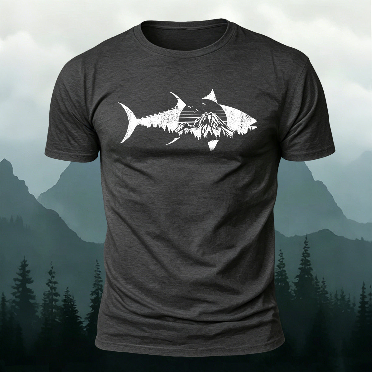 Outdoor Shark Mountain Scene Premium Cotton Tee