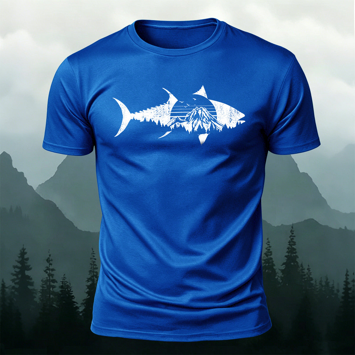 Outdoor Shark Mountain Scene Premium Cotton Tee
