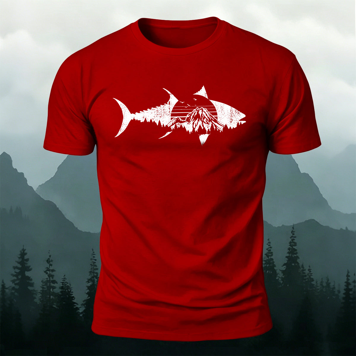 Outdoor Shark Mountain Scene Premium Cotton Tee