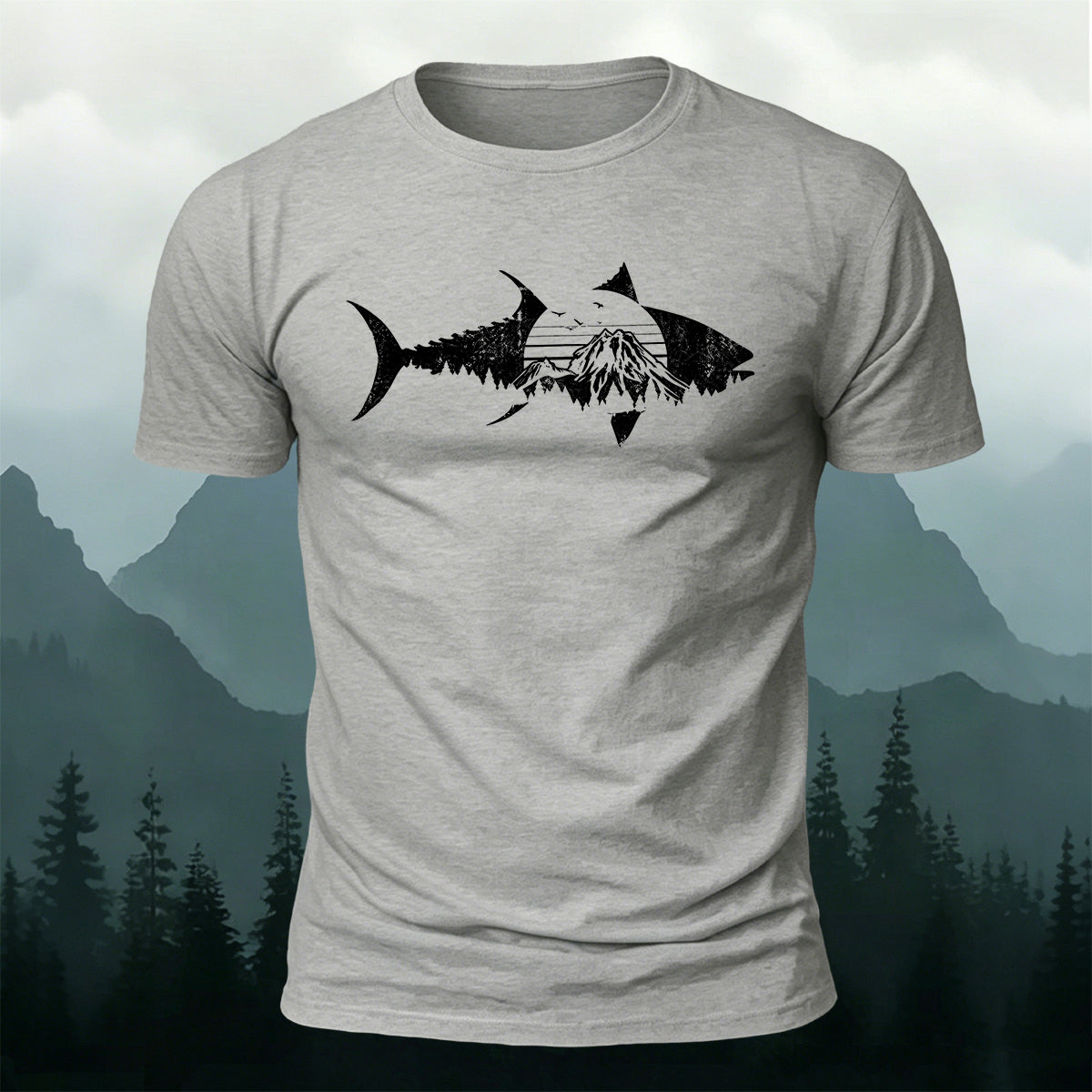 Outdoor Shark Mountain Scene Premium Cotton Tee