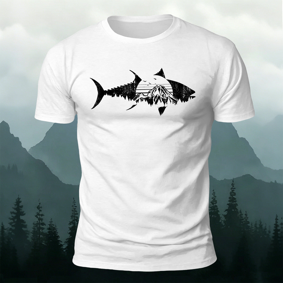Outdoor Shark Mountain Scene Premium Cotton Tee