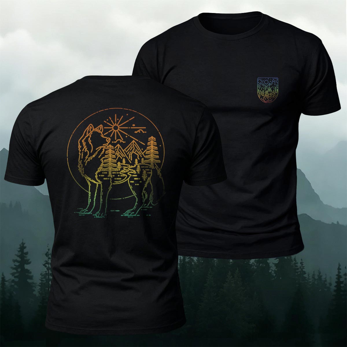 アウトドア フォレスト ウルフ ラインアート プレミアムコットンTシャツ