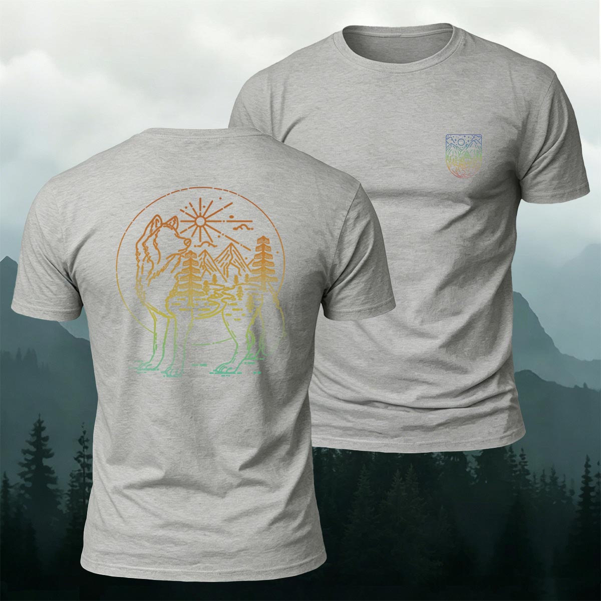 アウトドア フォレスト ウルフ ラインアート プレミアムコットンTシャツ