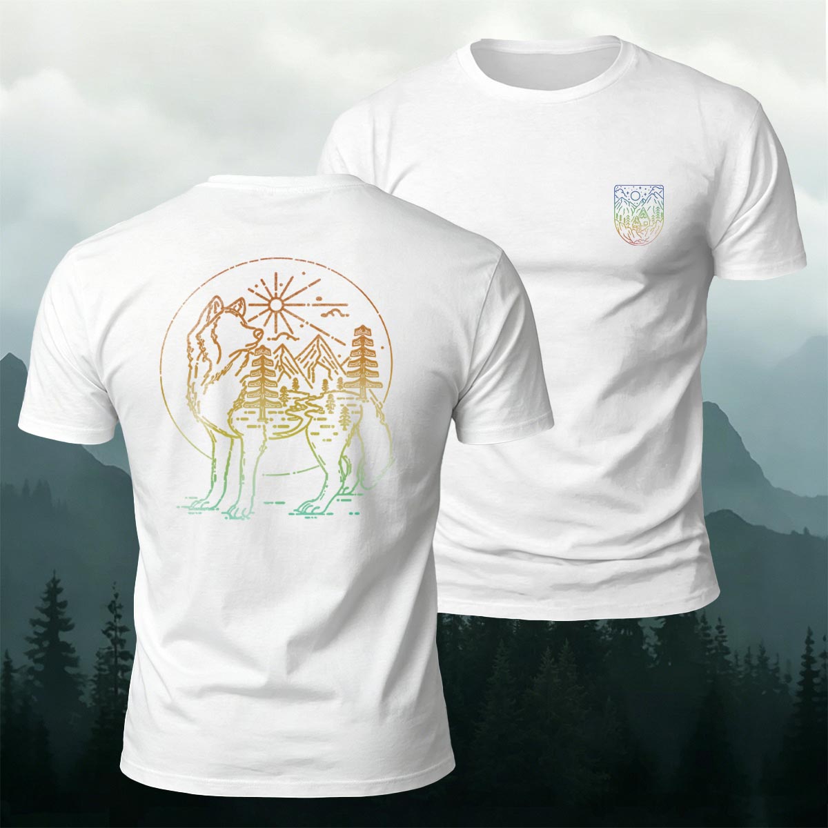 アウトドア フォレスト ウルフ ラインアート プレミアムコットンTシャツ