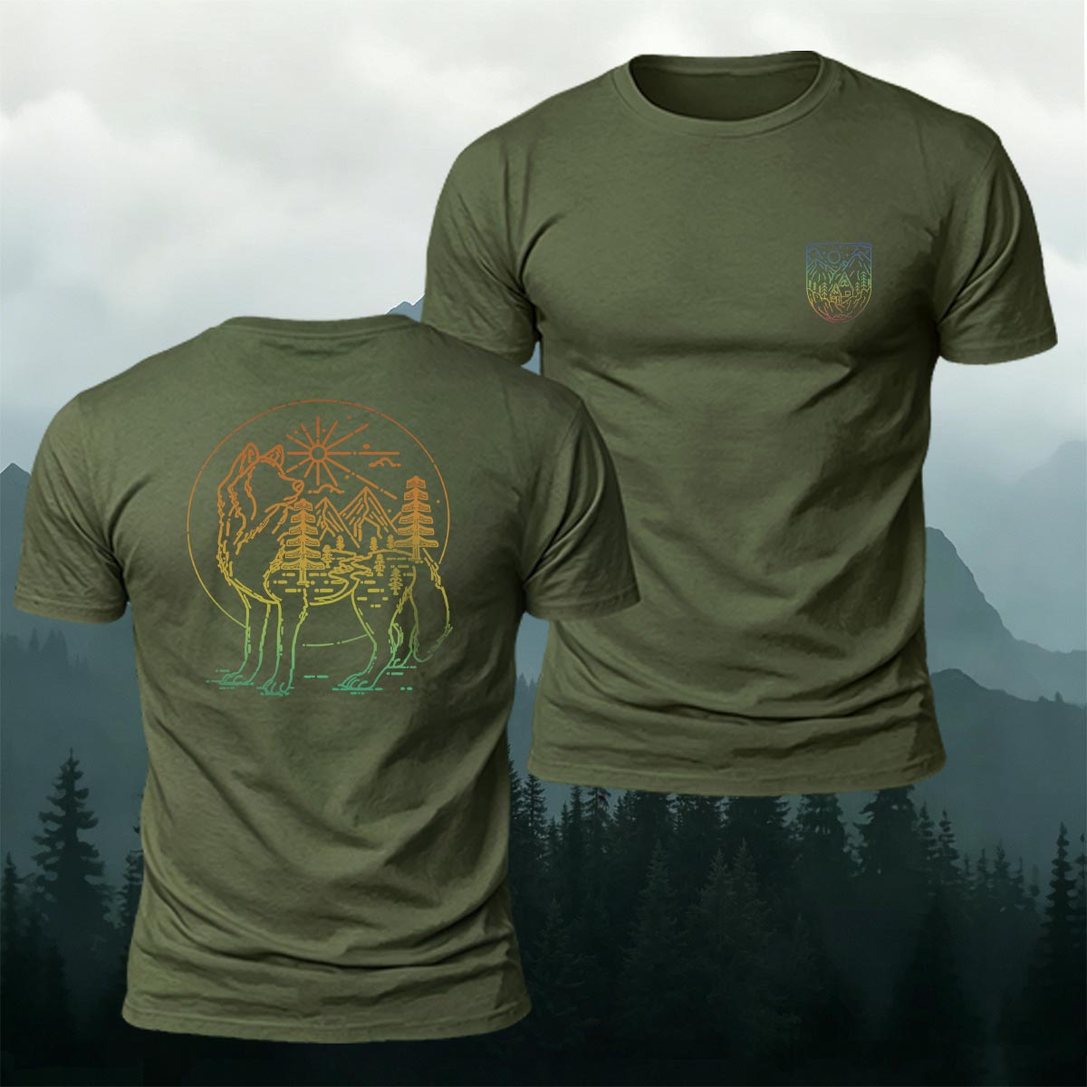 アウトドア フォレスト ウルフ ラインアート プレミアムコットンTシャツ