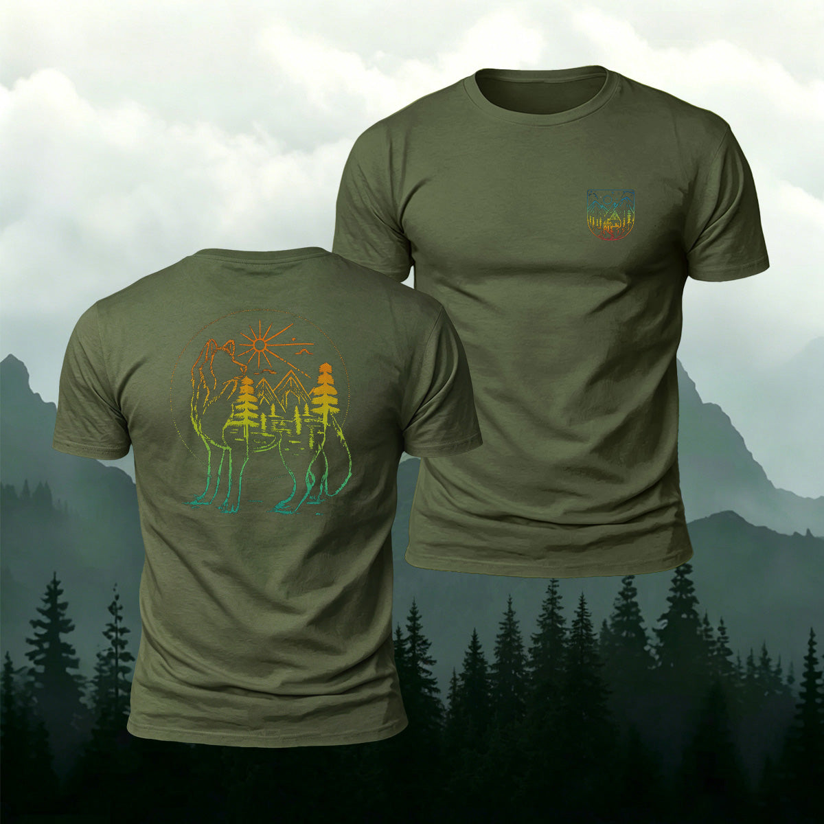 Gradient Art Mountain Wolf Premium Cotton T-Shirt