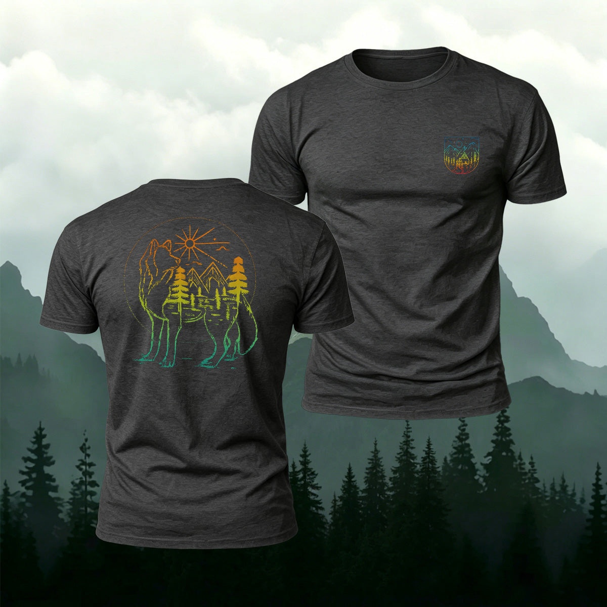 Gradient Art Mountain Wolf Premium Cotton T-Shirt