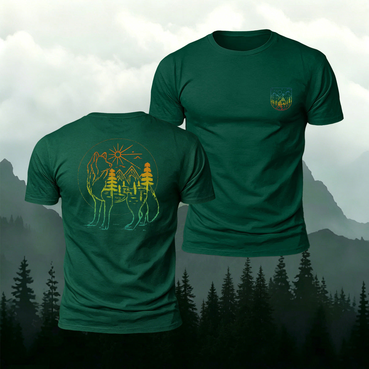 Gradient Art Mountain Wolf Premium Cotton T-Shirt