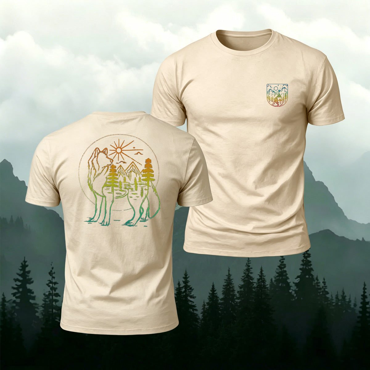 Gradient Art Mountain Wolf Premium Cotton T-Shirt