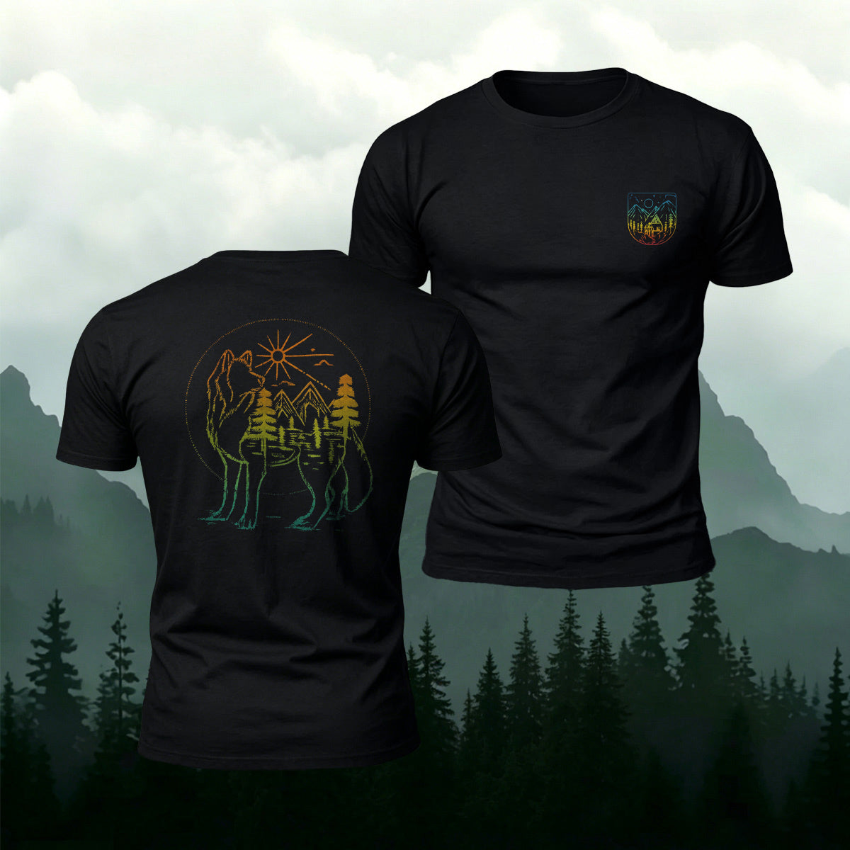 Gradient Art Mountain Wolf Premium Cotton T-Shirt