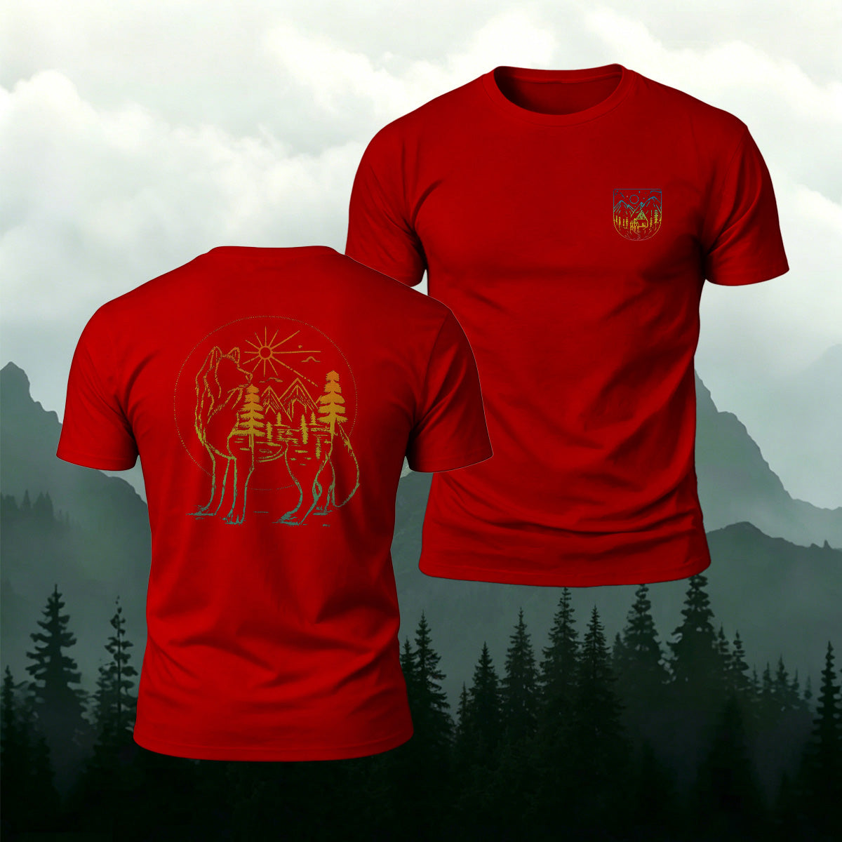Gradient Art Mountain Wolf Premium Cotton T-Shirt