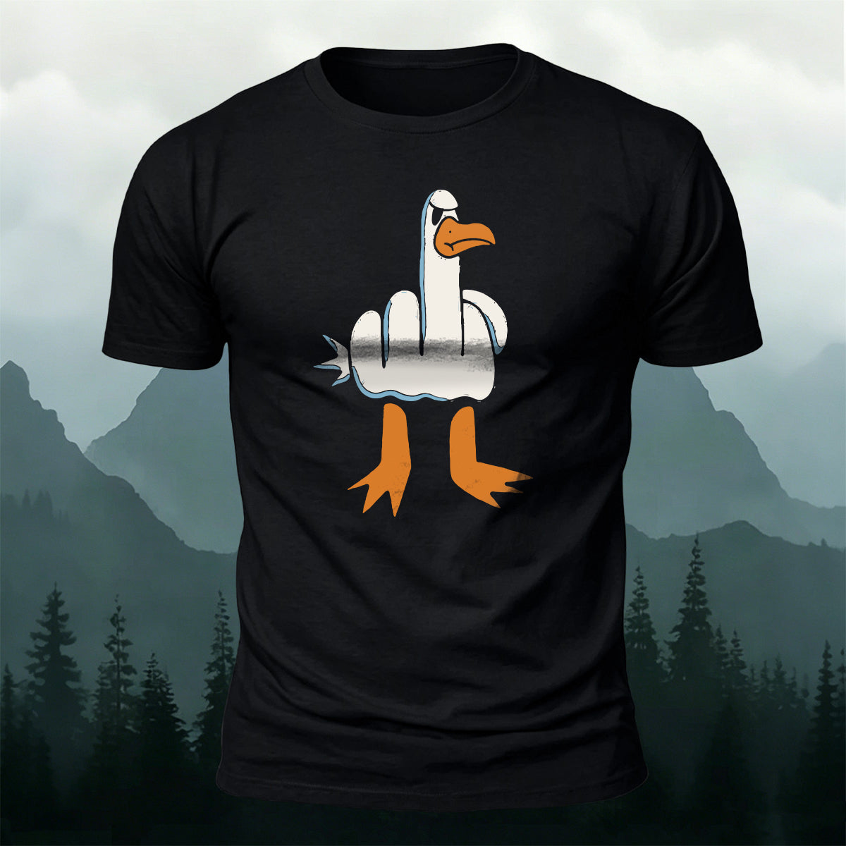 面白い中指カモメ柄 カジュアルコットンTシャツ