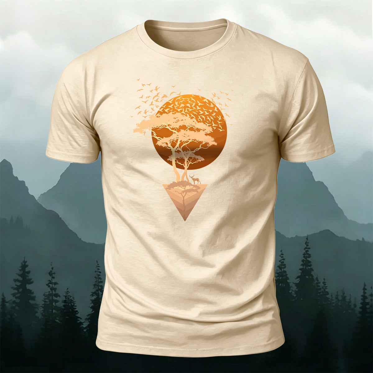 Floating Sunset Tree & Deer Healing Graphic T-Shirt