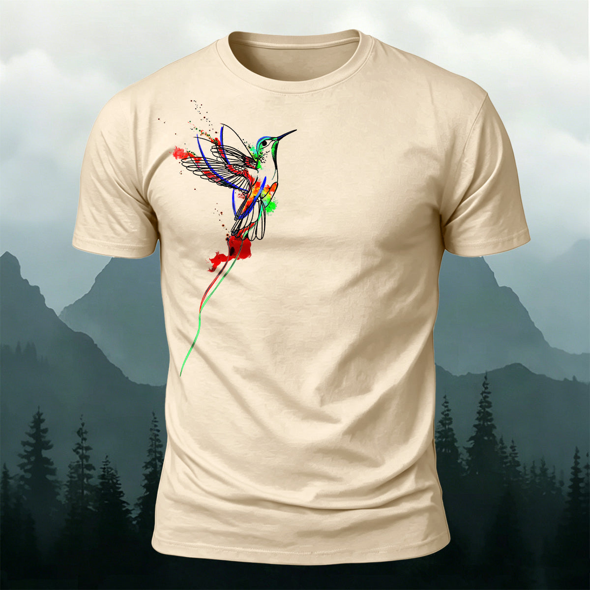 ネイチャー スプラッター カラー ハミングバード 肌に優しいTシャツ