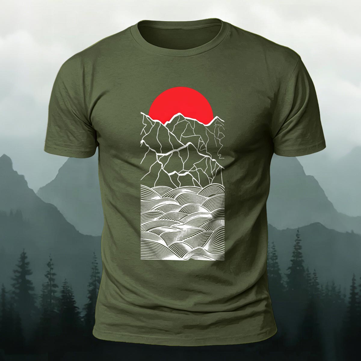 Line Art Sunrise Ocean Graphic Premium Cotton Tee