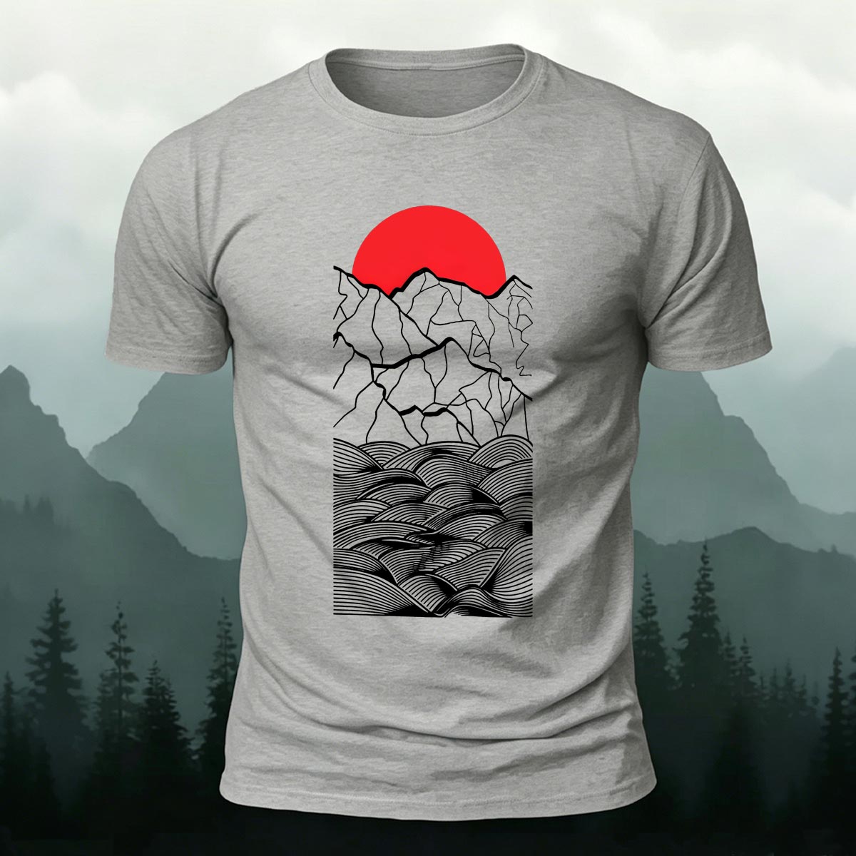 Line Art Sunrise Ocean Graphic Premium Cotton Tee