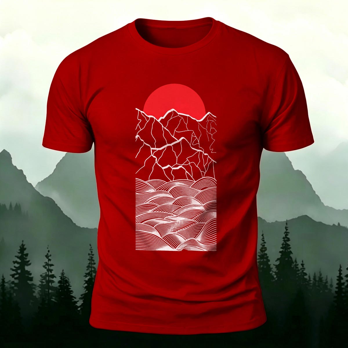 Line Art Sunrise Ocean Graphic Premium Cotton Tee