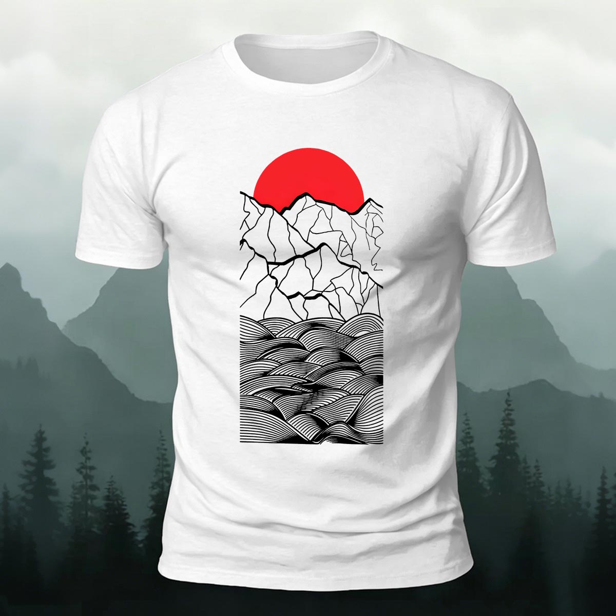 Line Art Sunrise Ocean Graphic Premium Cotton Tee