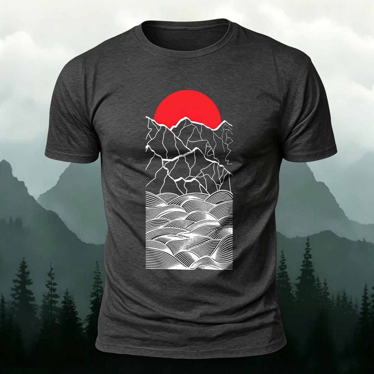 Line Art Sunrise Ocean Graphic Premium Cotton Tee