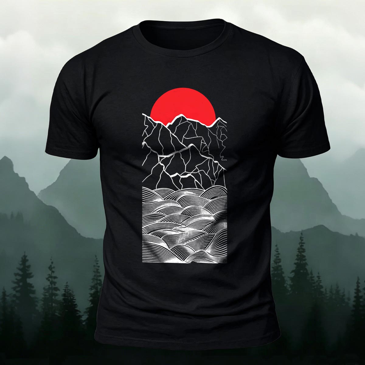 Line Art Sunrise Ocean Graphic Premium Cotton Tee