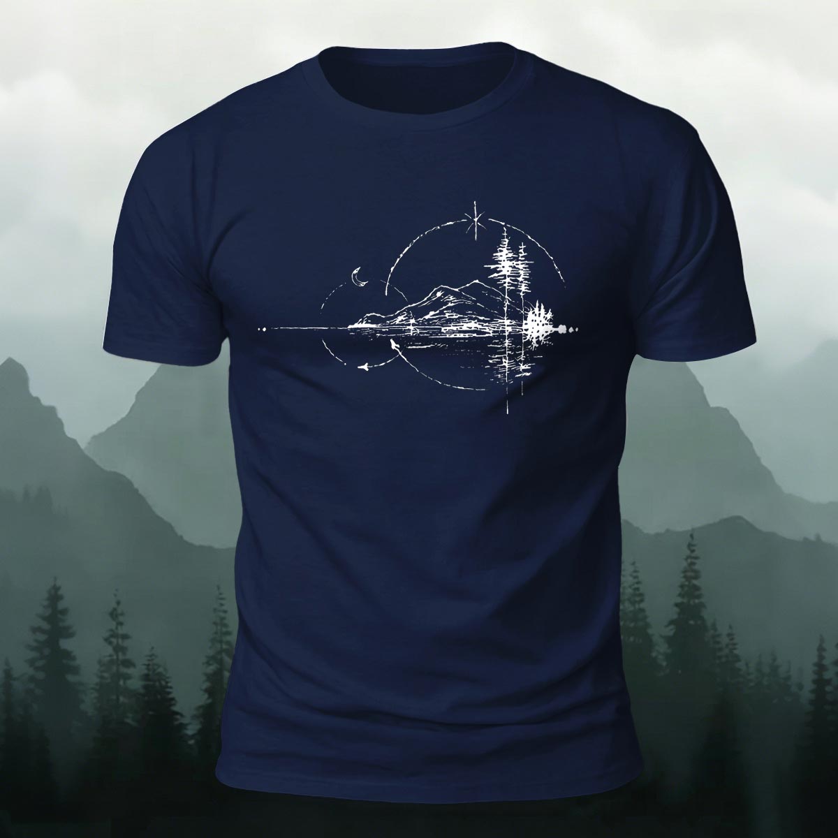Minimal Night Lake Mountain Casual Cotton T-Shirt