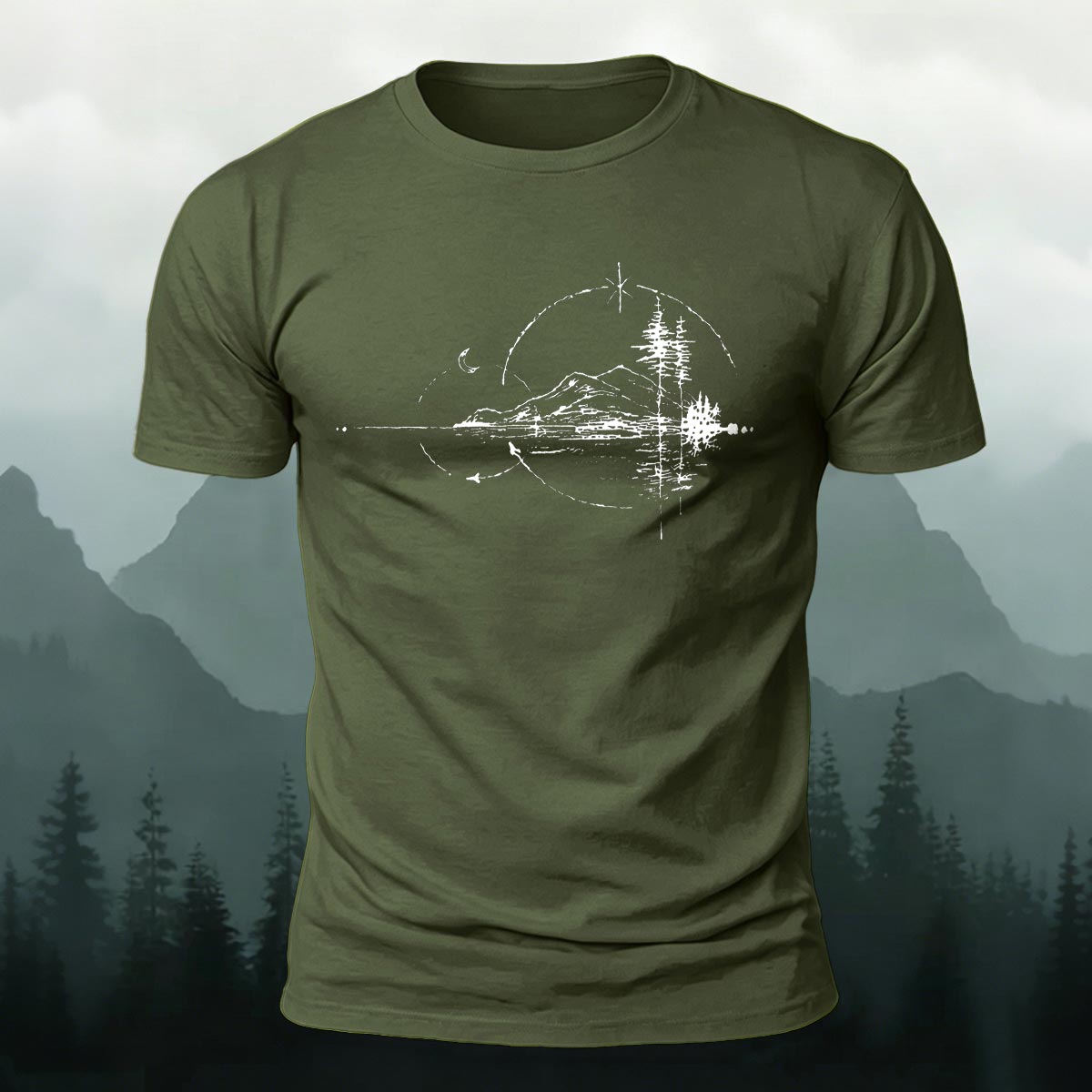 Minimal Night Lake Mountain Casual Cotton T-Shirt