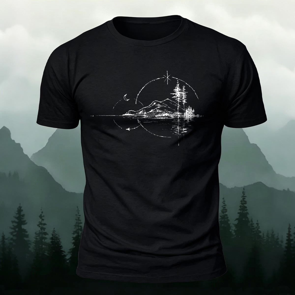 Minimal Night Lake Mountain Casual Cotton T-Shirt