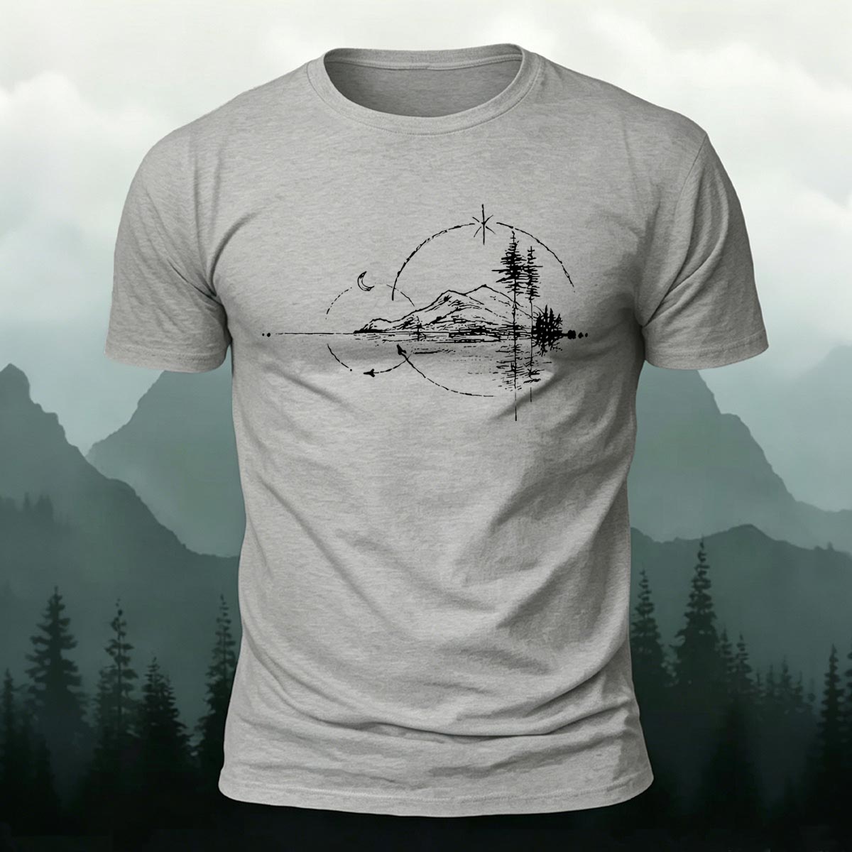 Minimal Night Lake Mountain Casual Cotton T-Shirt
