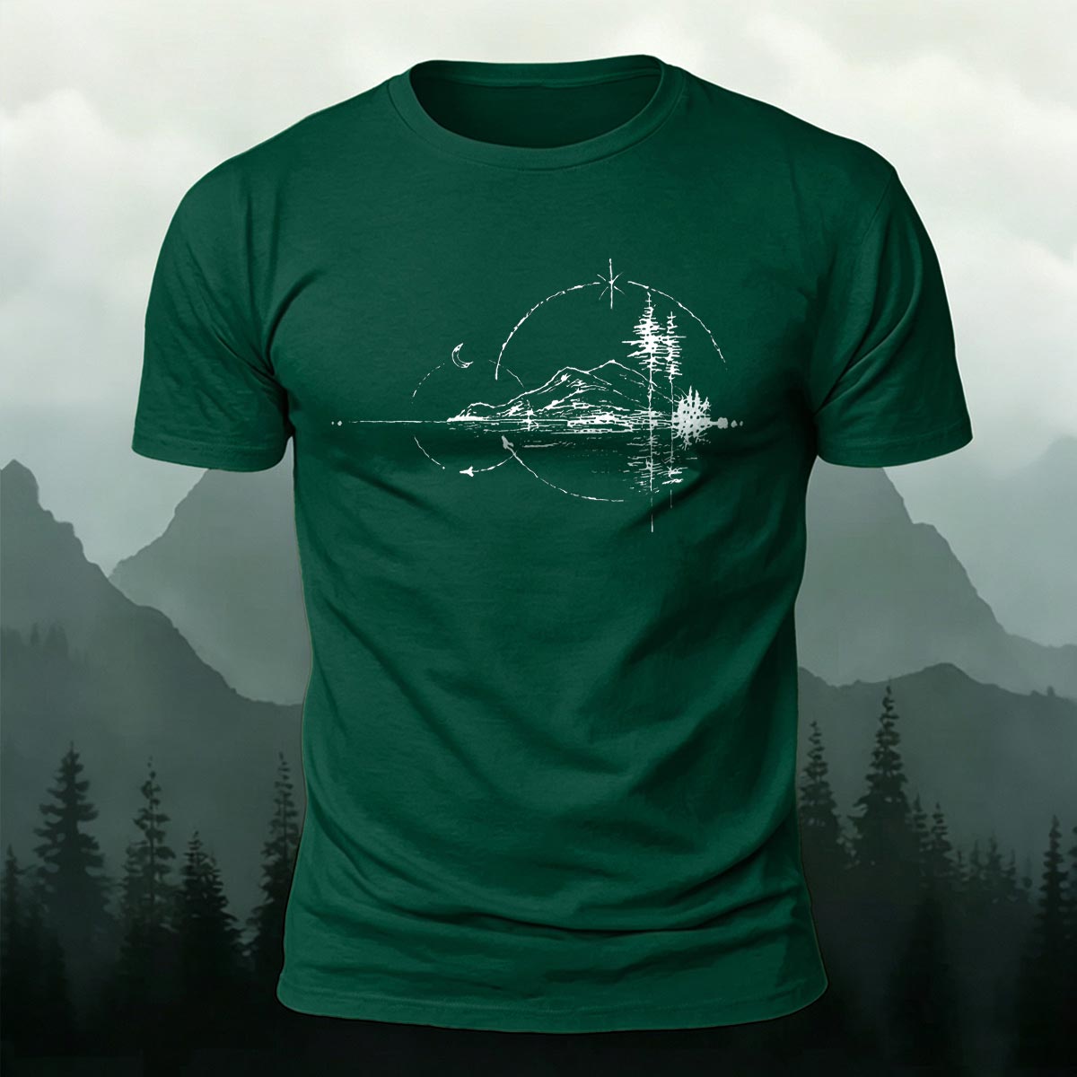 Minimal Night Lake Mountain Casual Cotton T-Shirt
