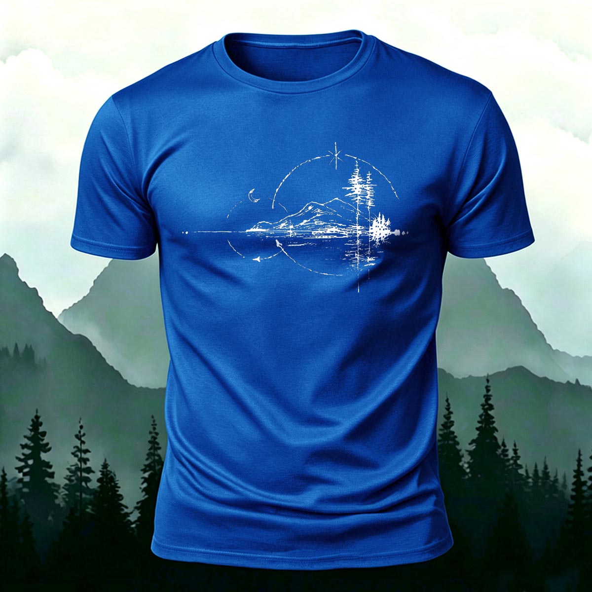 Minimal Night Lake Mountain Casual Cotton T-Shirt