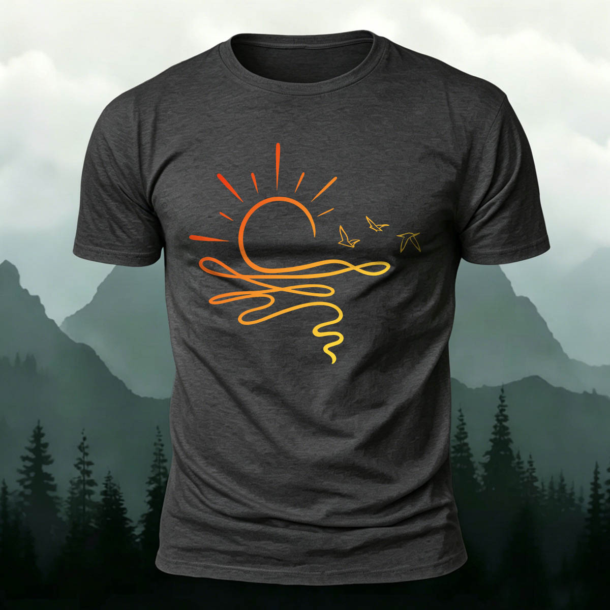 One Line Sunset Stream Outdoor Premium Cotton T-Shirt