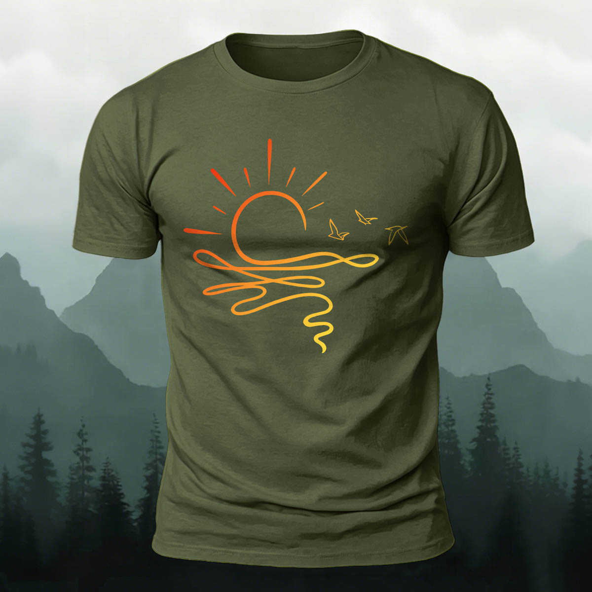 One Line Sunset Stream Outdoor Premium Cotton T-Shirt