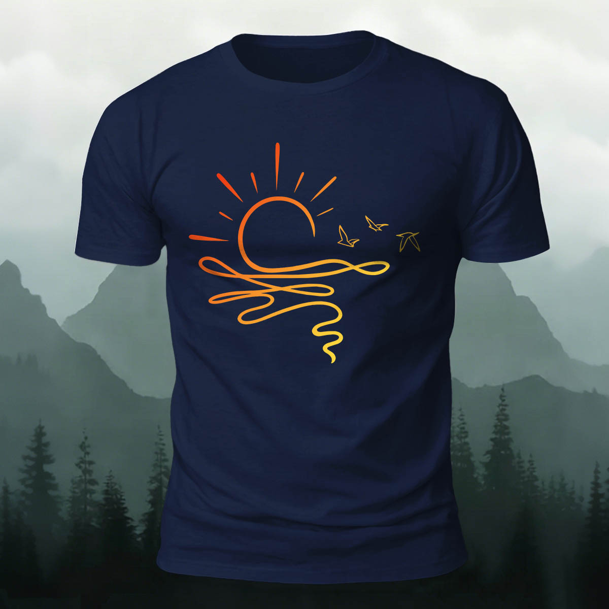 One Line Sunset Stream Outdoor Premium Cotton T-Shirt