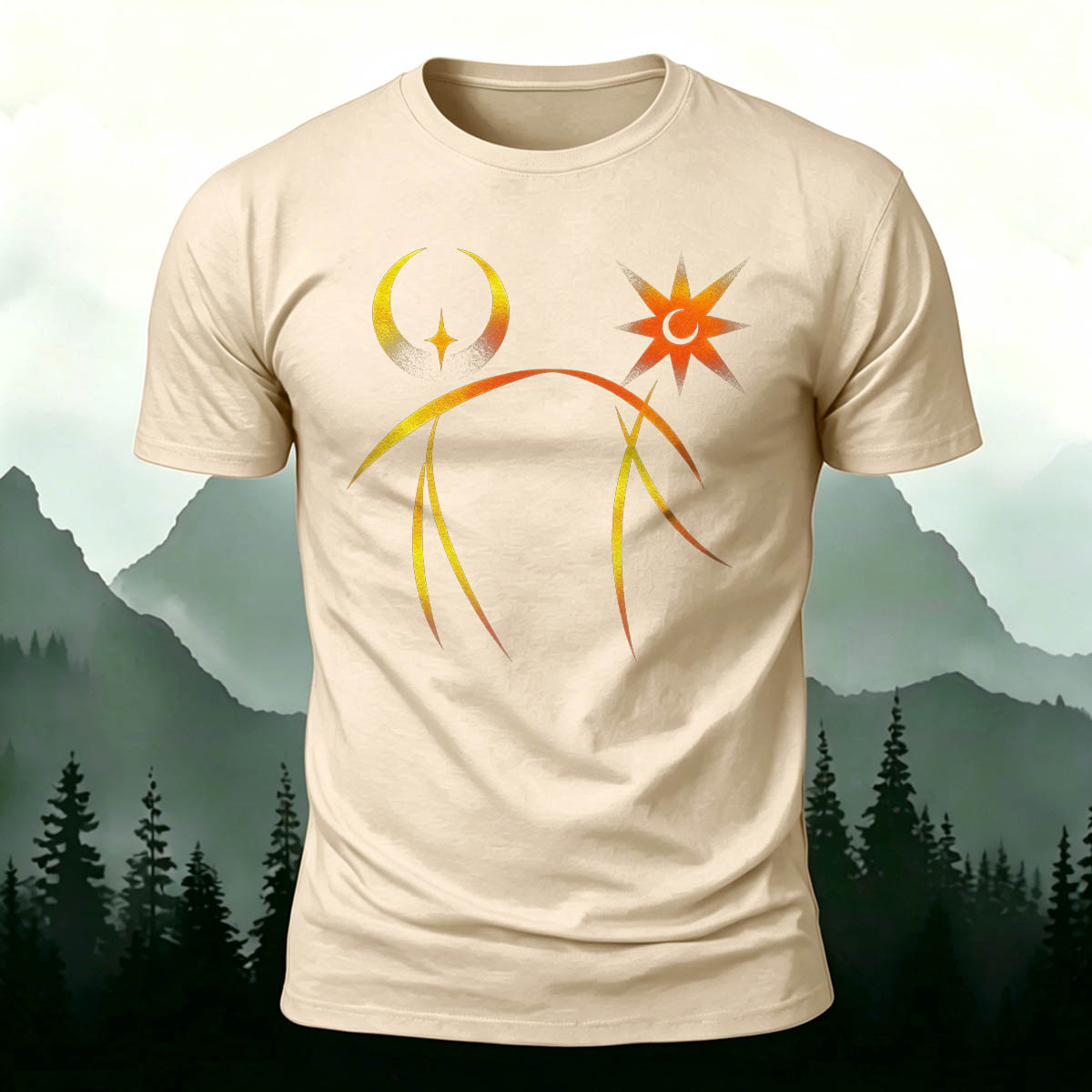 天体の太陽と月のシンボル カジュアル プレミアムコットンTシャツ