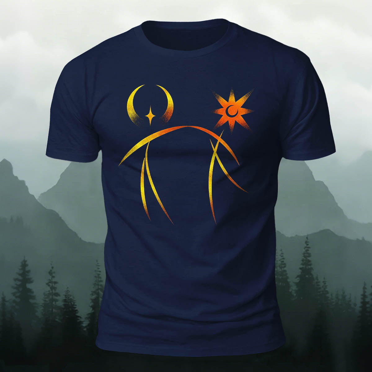 天体の太陽と月のシンボル カジュアル プレミアムコットンTシャツ