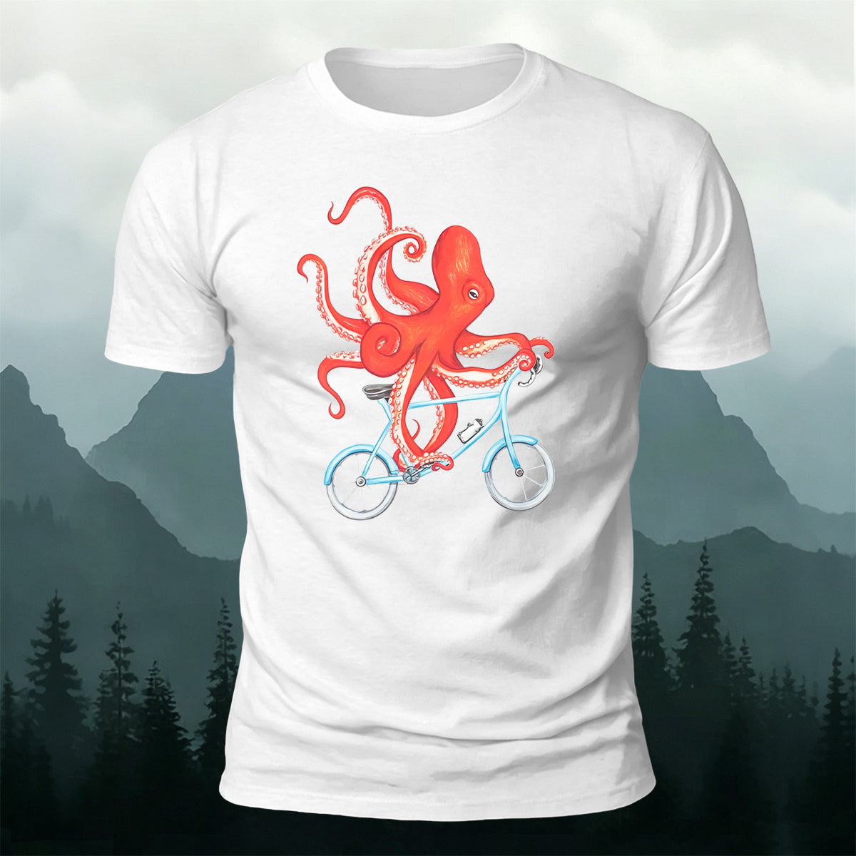 Cute Watercolour Octopus Cyclist Casual Cotton Tee