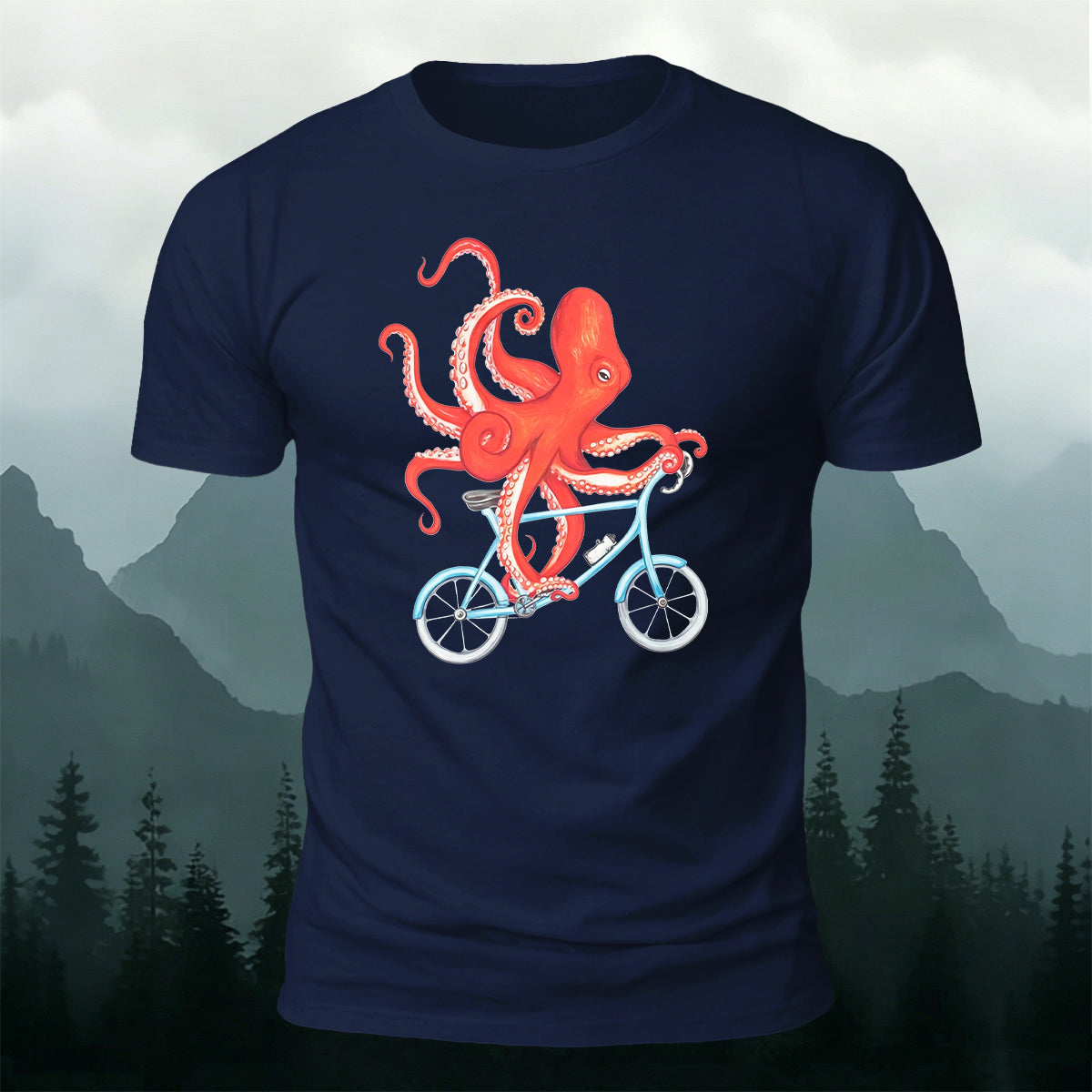 Cute Watercolour Octopus Cyclist Casual Cotton Tee