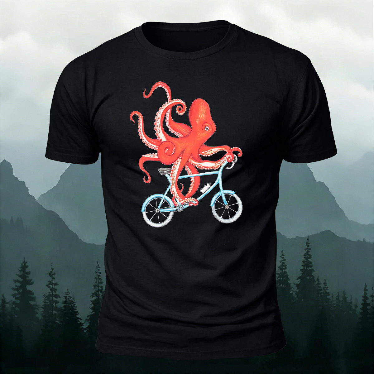 Cute Watercolour Octopus Cyclist Casual Cotton Tee