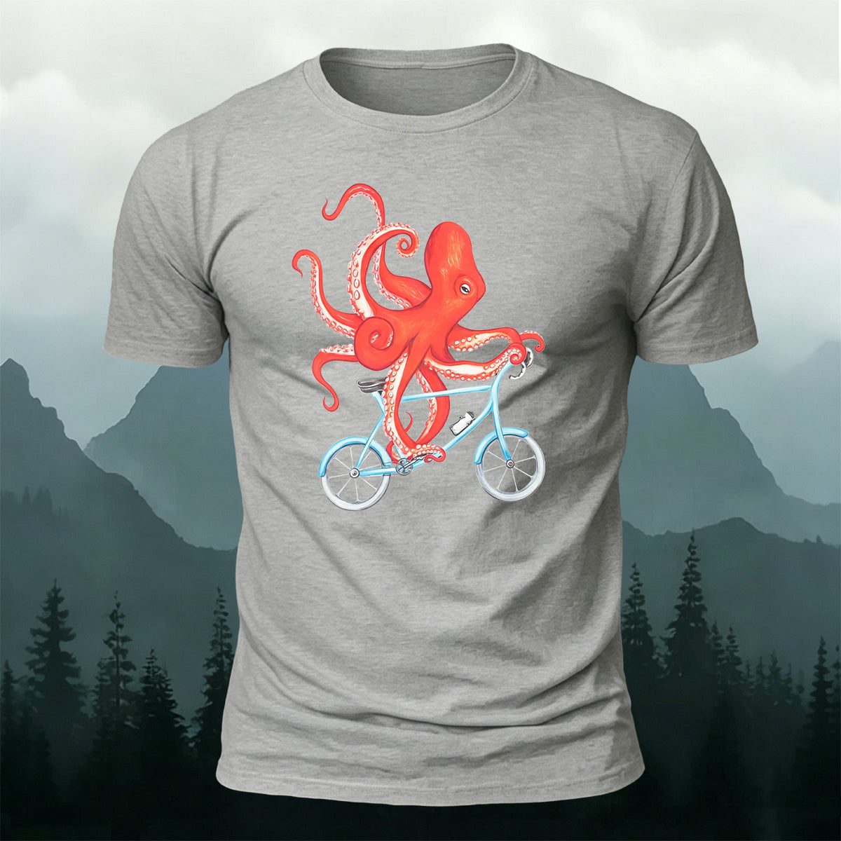 Cute Watercolour Octopus Cyclist Casual Cotton Tee