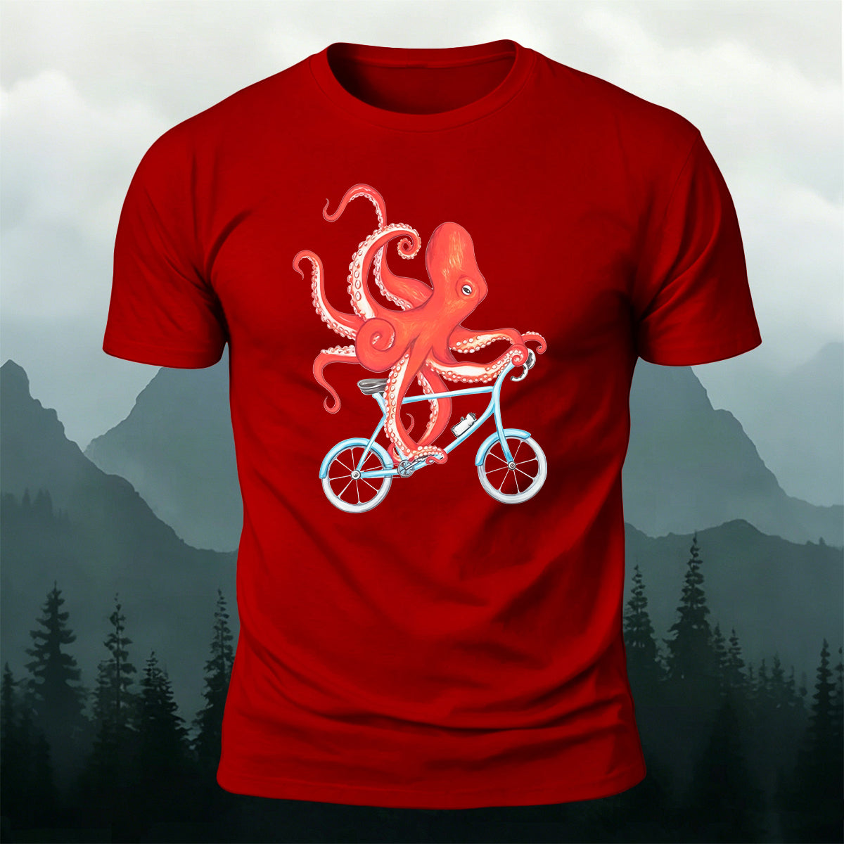 Cute Watercolour Octopus Cyclist Casual Cotton Tee