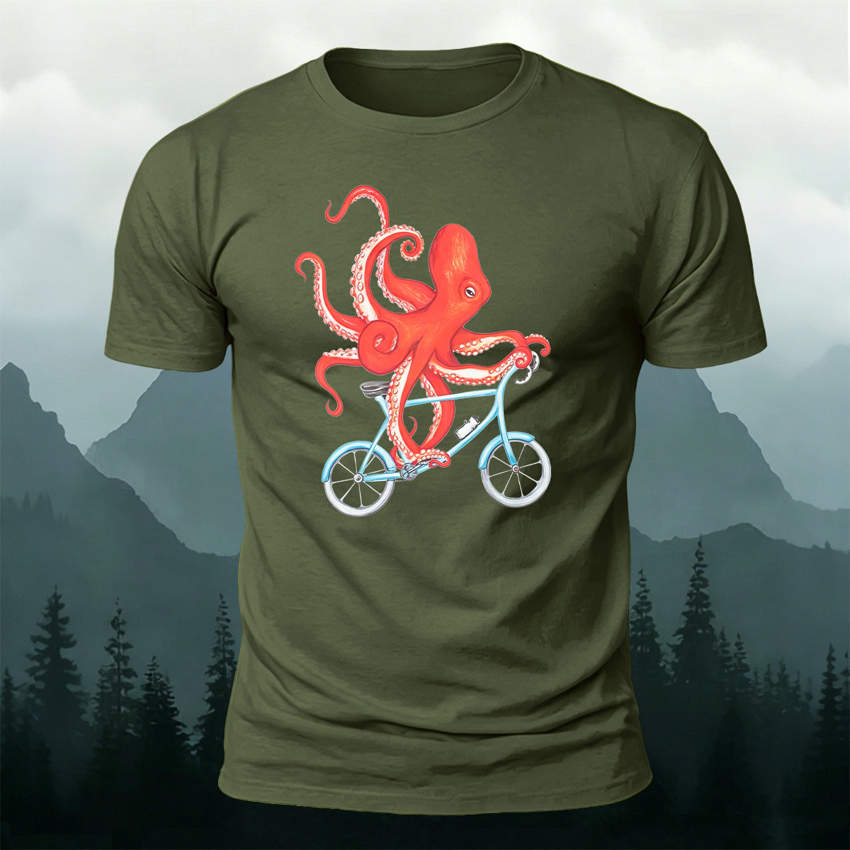 Cute Watercolour Octopus Cyclist Casual Cotton Tee