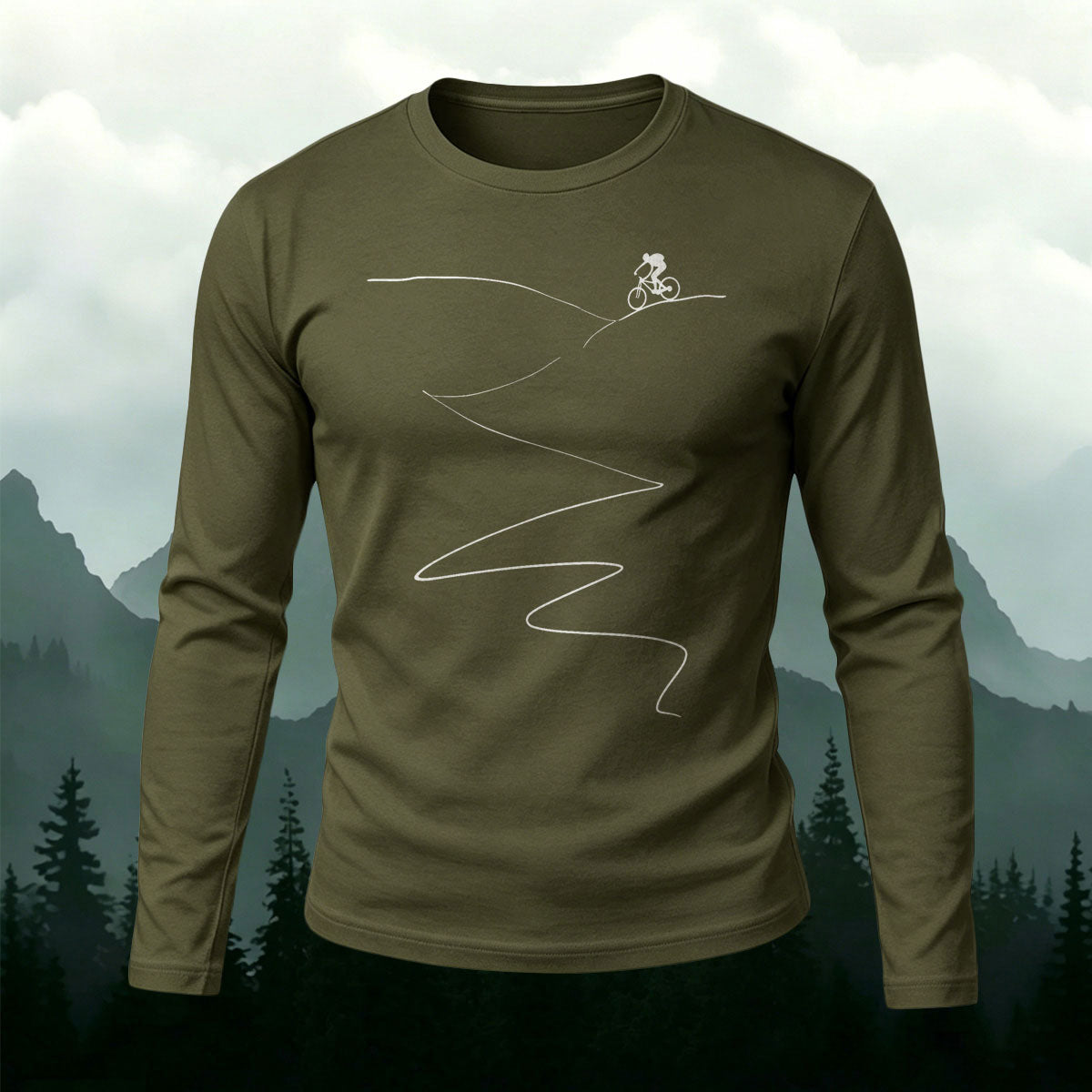 One Line Mountain Biker Trail Cotton Long Sleeve T-Shirt