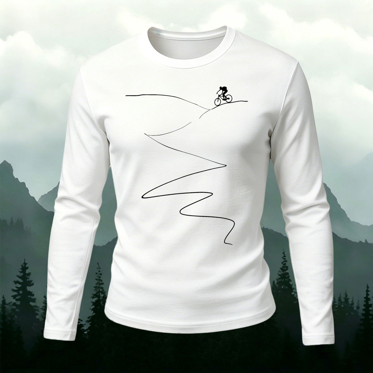 One Line Mountain Biker Trail Cotton Long Sleeve T-Shirt